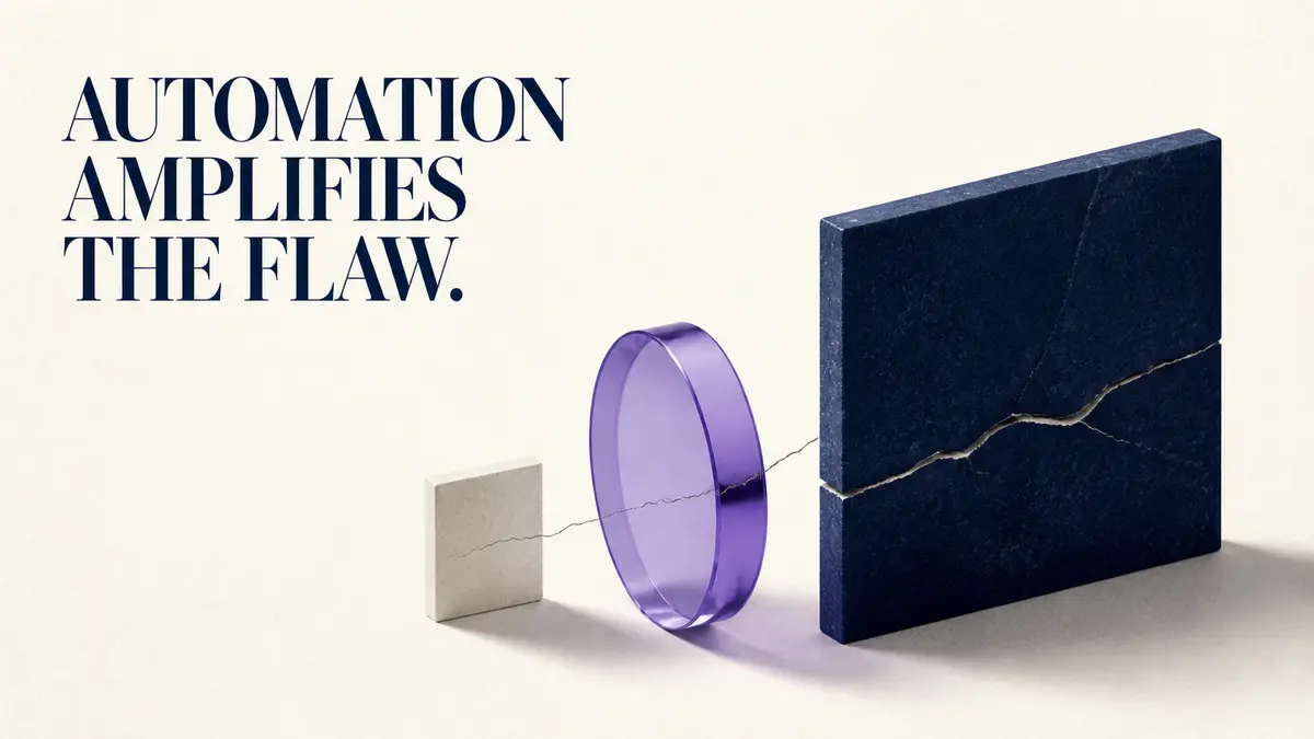 A small process crack passes through a violet amplification lens and becomes a large fracture in the automated output