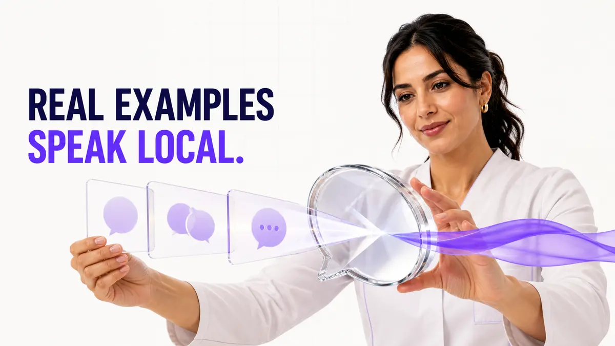 A Moroccan clinic professional guides three conversation examples through a glass speech lens into one natural local response