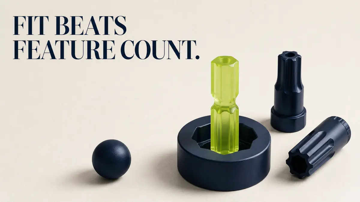 A translucent lime tool fits a task-shaped navy socket while two feature-heavy alternatives remain misaligned