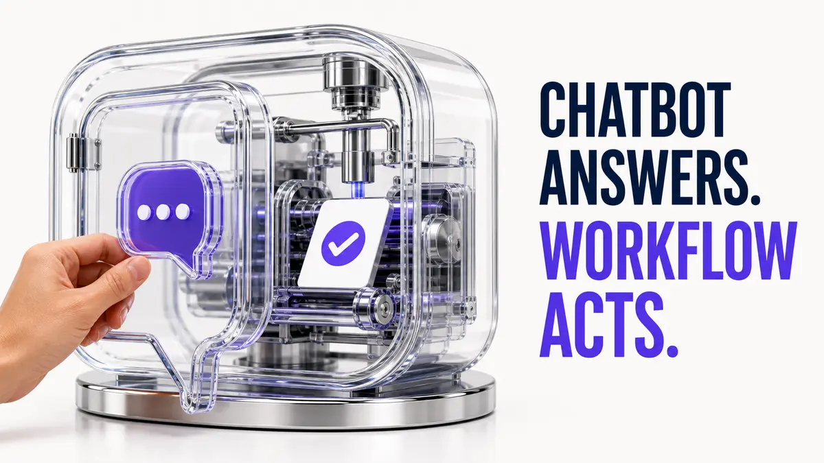 A hand opens a violet chatbot panel to reveal the transparent workflow machinery completing the task behind it