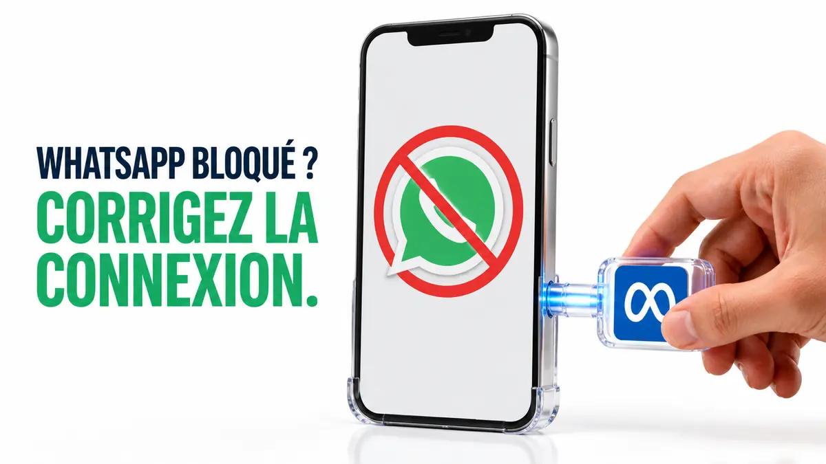 A phone shows a temporarily restricted WhatsApp account while an official Meta API connection points to the correct fix