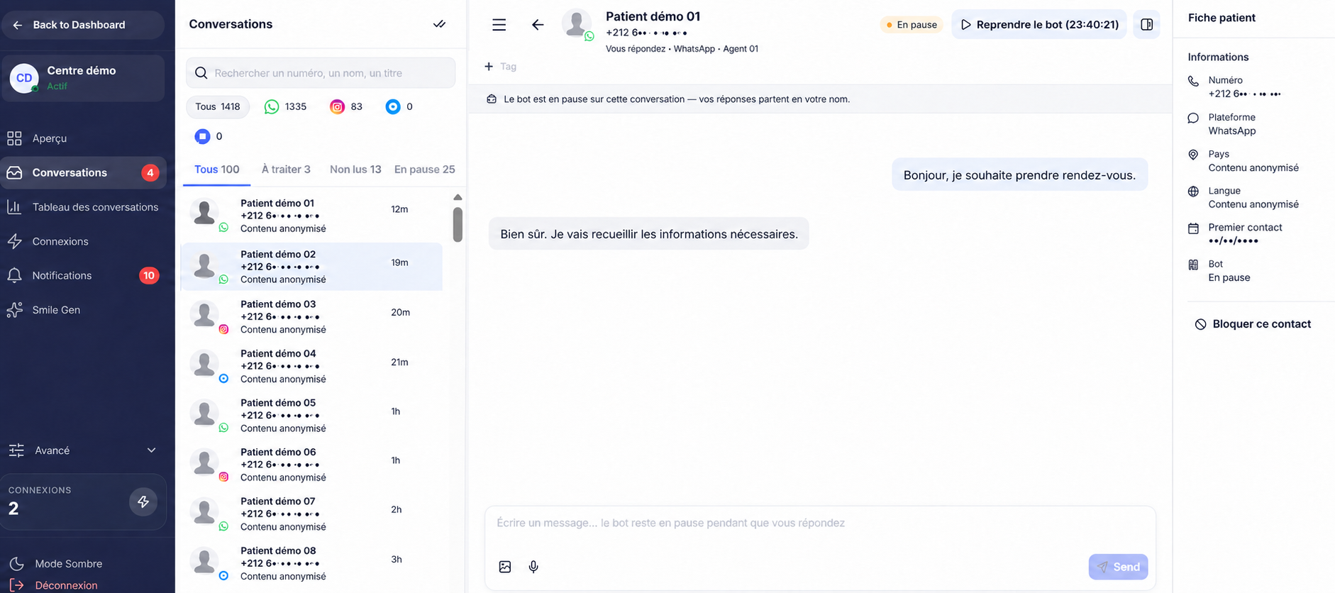 Boîte de réception de démonstration&nbsp;: conversation en pause, réponses envoyées au nom de l’équipe, données fictives